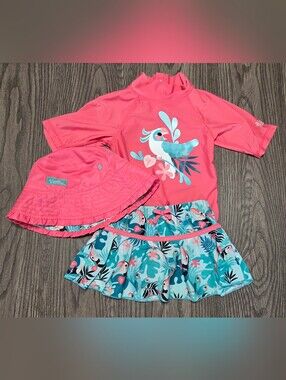 Skin Pink & Aqua Tropical Girls' Rash Guard Set with Skirt & Hat
